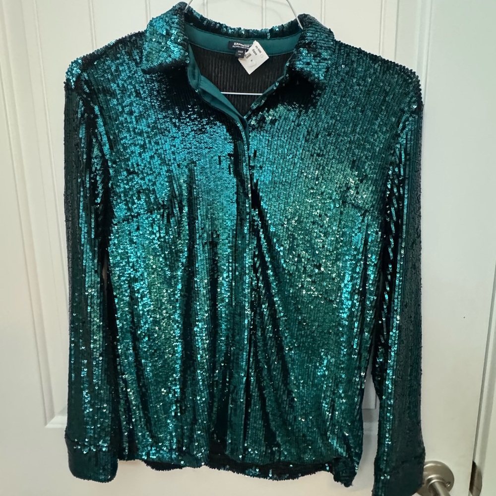 Express Teal Sequin Button Down Shirt Women’s Xs - image 1